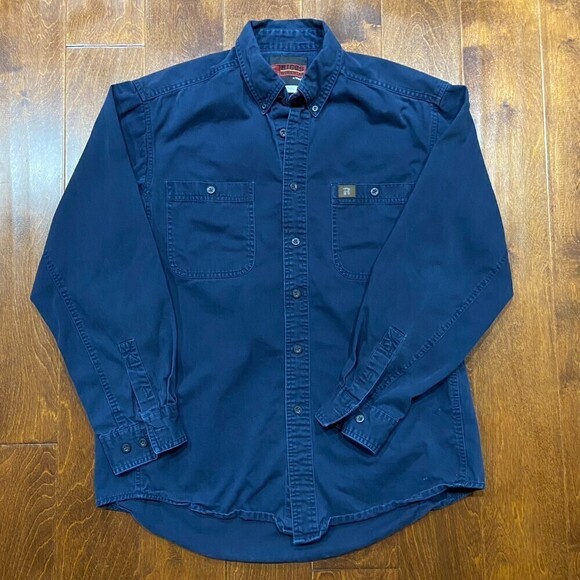 Wrangler Riggs Workwear Thick Navy Blue Button Down Shirt Cotton Men's Large - Picture 2 of 7
